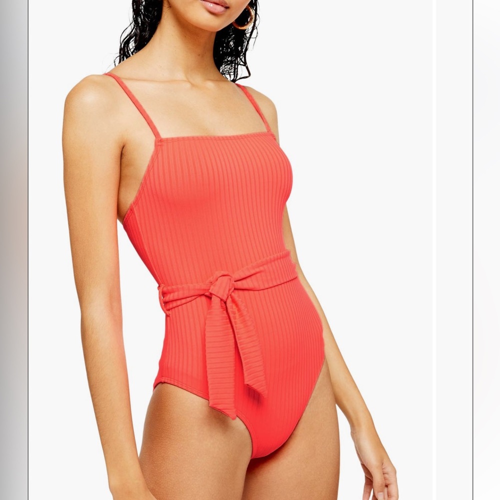 Topshop Ribbed One-Piece Swimsuit with Waist Tie
